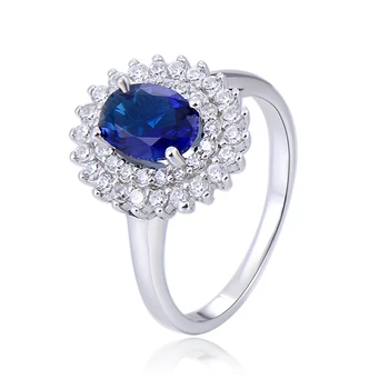 POLIVA Turkish Girls Halo Diamond Blue Sapphire Jewelry 18K Gold Plated Sterling Silver Oval Gemstone Ring