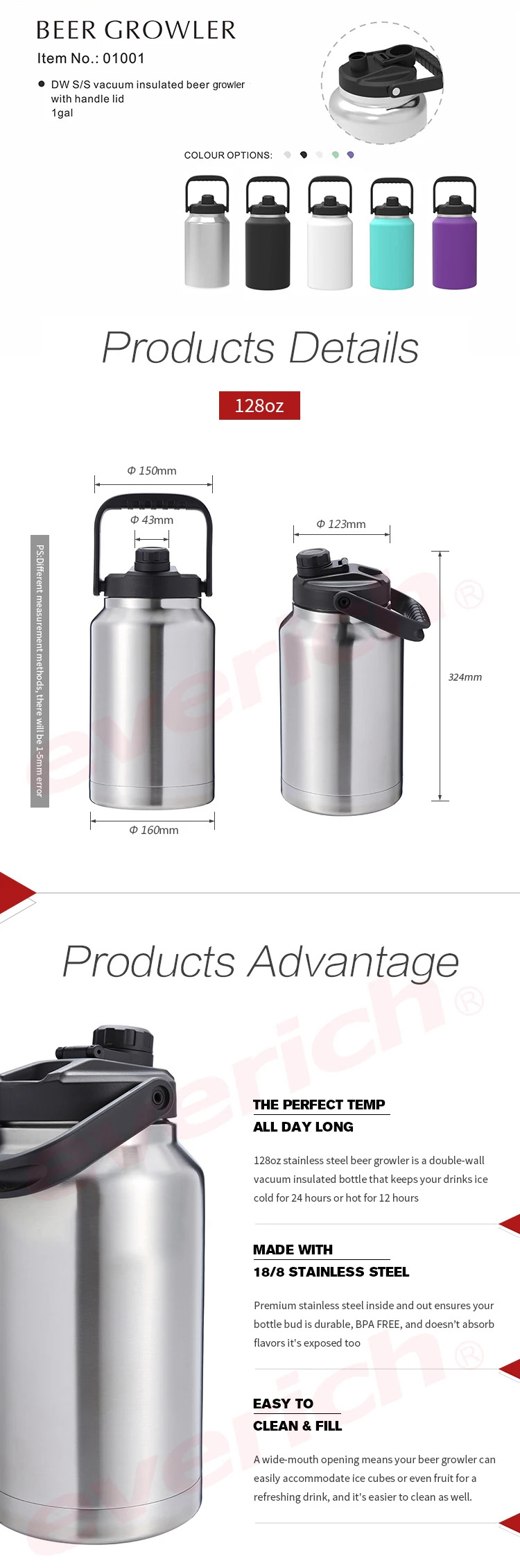 Everich 1 Gallon Jug 128 Oz Growler Stainless Steel Big Water Bottle