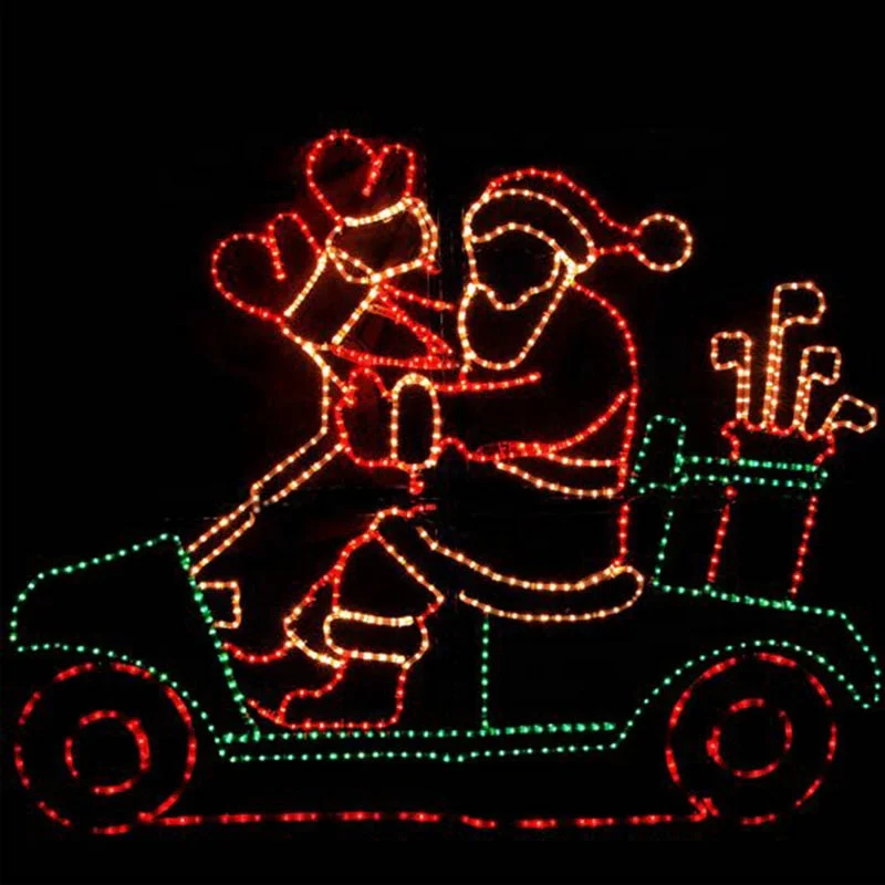 Outdoor 2D Rope Light Animated LED Santa Motorbike Golf Cart Characters for Commercial Christmas Lawn Rooftop Decoration