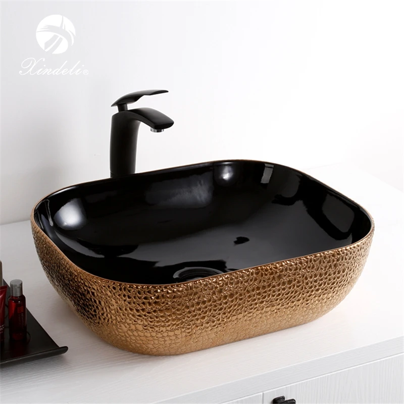 Crocodile Leather Rectangular Large Black Rose Gold Electroplate Art Countertop Sink Washing Basin for Bathroom