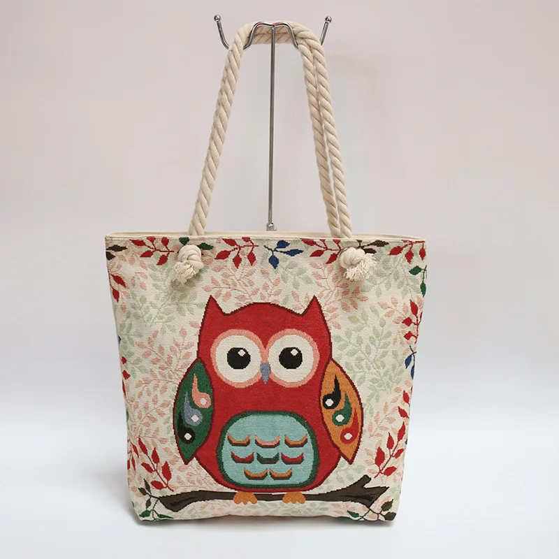 Vintage Owl Printed Large Capacity Canvas Women Shoulder Beach Bag CH 