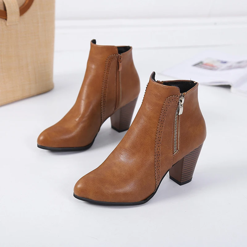 Newest Synthetic Leather Womens Boots High Heel Ankle Cut