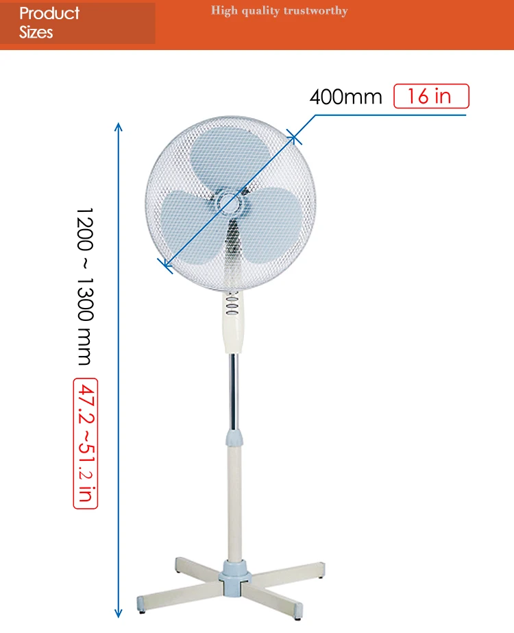 Konwin 16 Inch Pedestal House Fan 3 Pp Blades Across Base Stand Fan Low