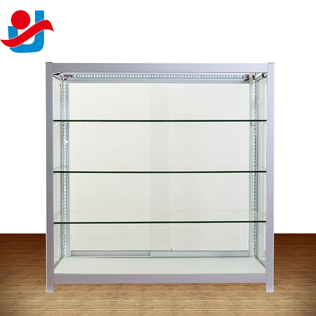 Fully Assembled HOME Silver Double Glass Display Cabinet 7 Glass Shelves Mirror Back Spotlight 