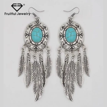 Latest Design Antique Silver Turquoise Earrings Bohemian Jewelry Wholesale