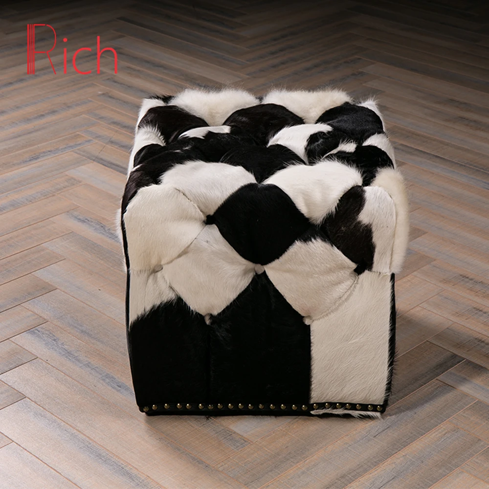 Cowhide Fur square Stool Cube Ottoman Cowhide Leather Stool Black and White Padded Fabric Overstuffed Footstool Ottoman
