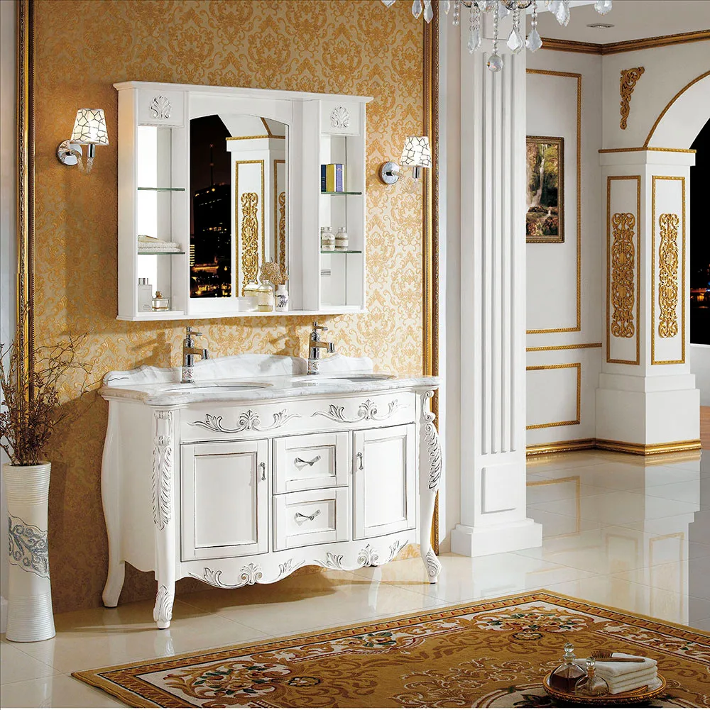 European Style Waterproof Bathroom Mirror Cabinet 48 Inch Wood Double Sink Bathroom Vanity Set with Sink