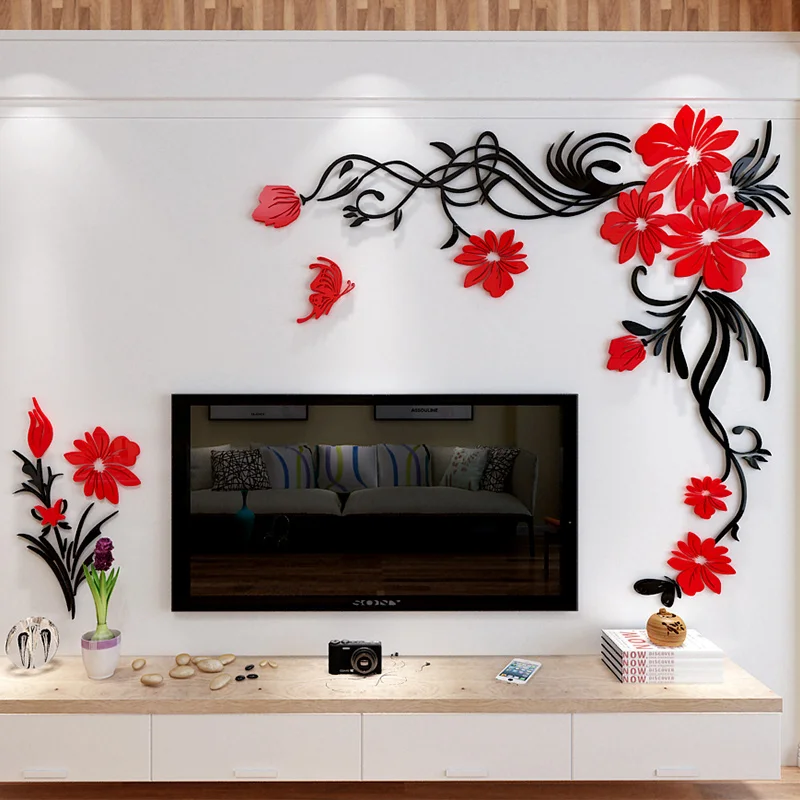 red Yusylvia 5PCS Flower Mirror Flower Pattern Wall Sticker 3D Home Decoration Wall Art DIY Wall Stickers