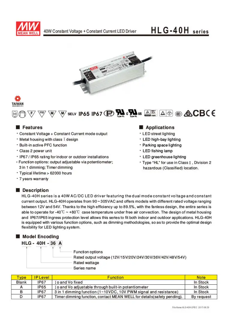 MEAN WELL HLG-40H-30A Waterproof Power Supply - 40W, 30V Output For LED Lighting