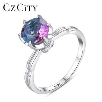CZCITY 6 Prong Fire Mystic Topaz 925 Silver Finger Purple Rainbow Color Gemstone Silver Ring Designs for Girl