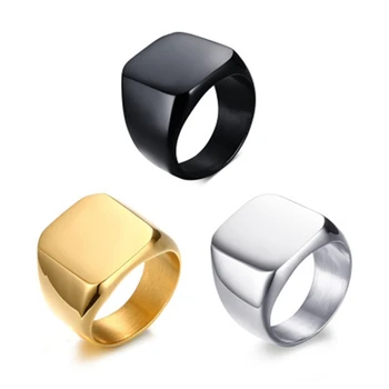 2019 Fashion Rings Square Big Width Signet Rings 24K Titanium Steel man Finger Silver Black Gold Men Ring Jewelry