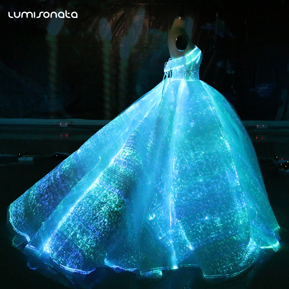 Hotsale RGB LED Light up Evening Dress Luminous Fabric Ball Gown Wedding  Dress Fiber Optic Dinner Gown