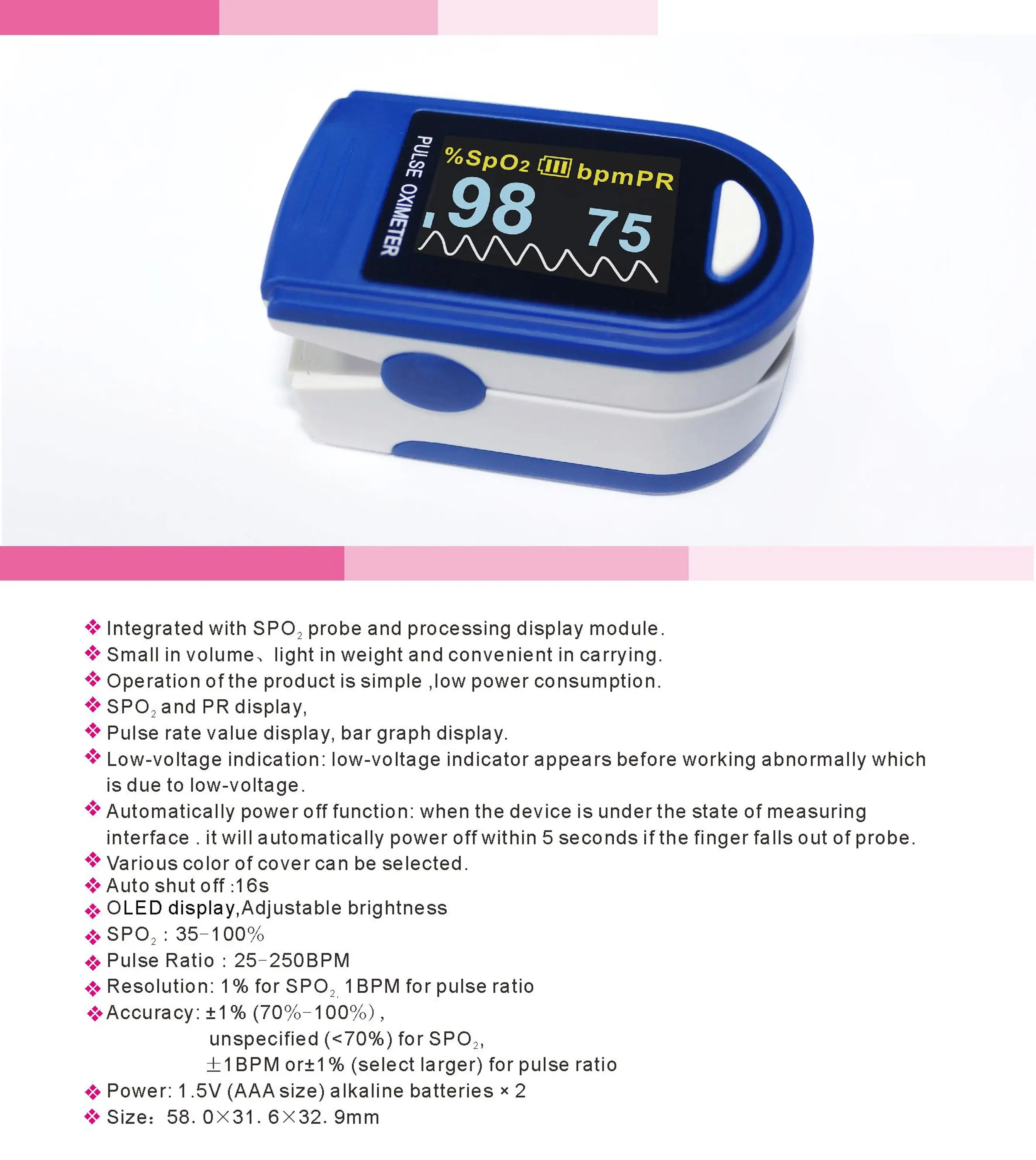 Jumper OLED portable pulse oximeter/ JPD-500C with CE and 510K