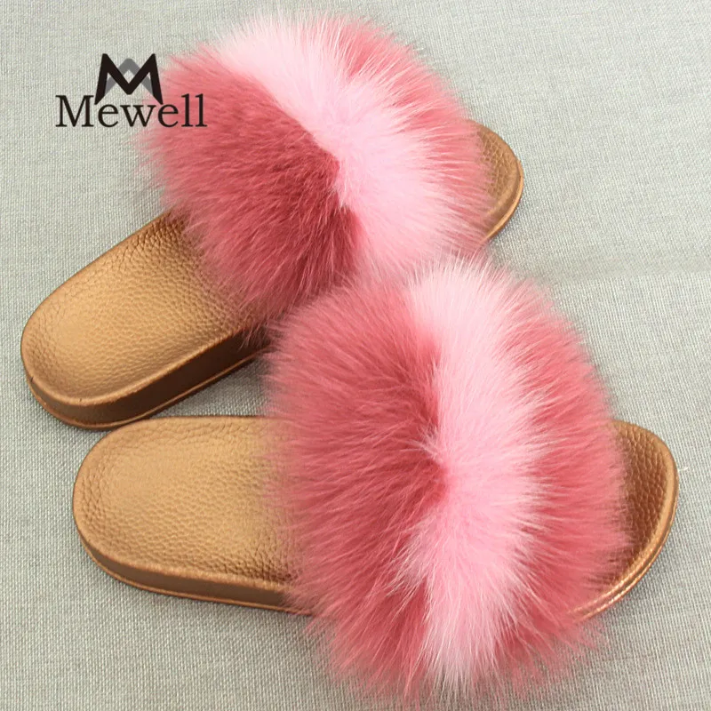 Mùa đông Lông Thú Thật Phụ Nữ Home Dép Thời Trang Cô Gái Gót Chân Phẳng Fox Fur Đi Trong Nhà