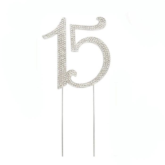 Cake Topper Glitterato Per 15° Compleanno - Argento Chiaro, 400g/m² Con Spiedini In Legno, 83x195mm