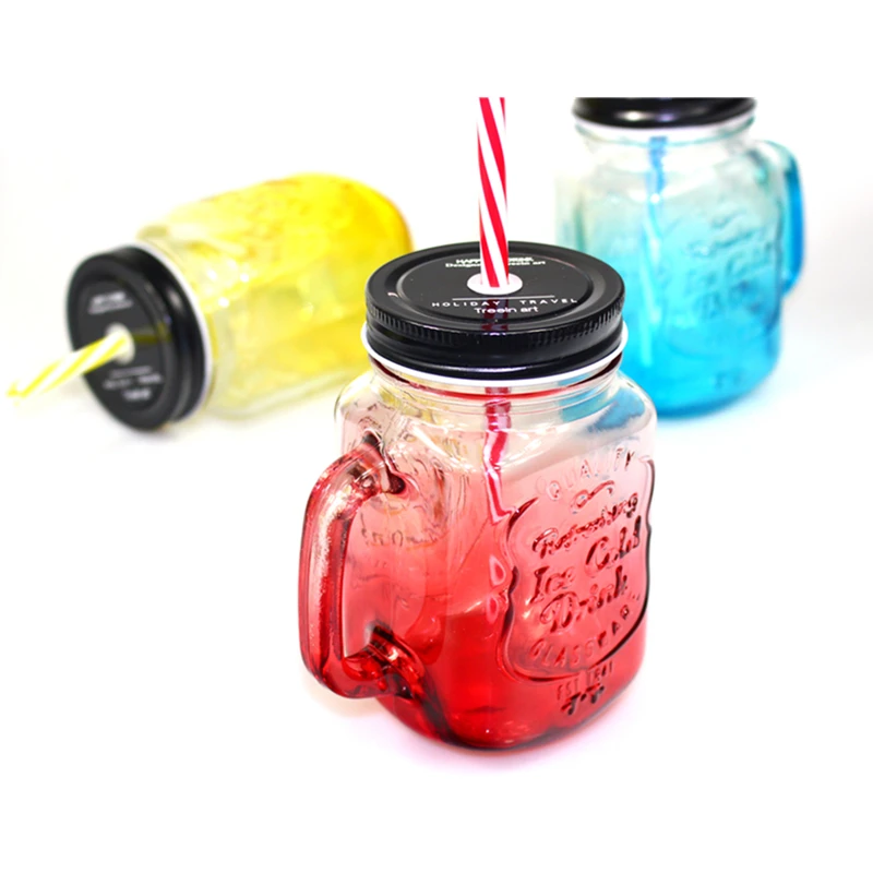 500ml MASON JAR WITH HANDLE AND STRAW IN CADDY DRINKING GLASS JAR LID  HEALTH NEW