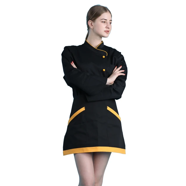 Polyester Cotton Blend 195GSM to 235GSM Black Body Orange Piping Border Button  Latest Cook Wear Single Breasted Chef Uniform
