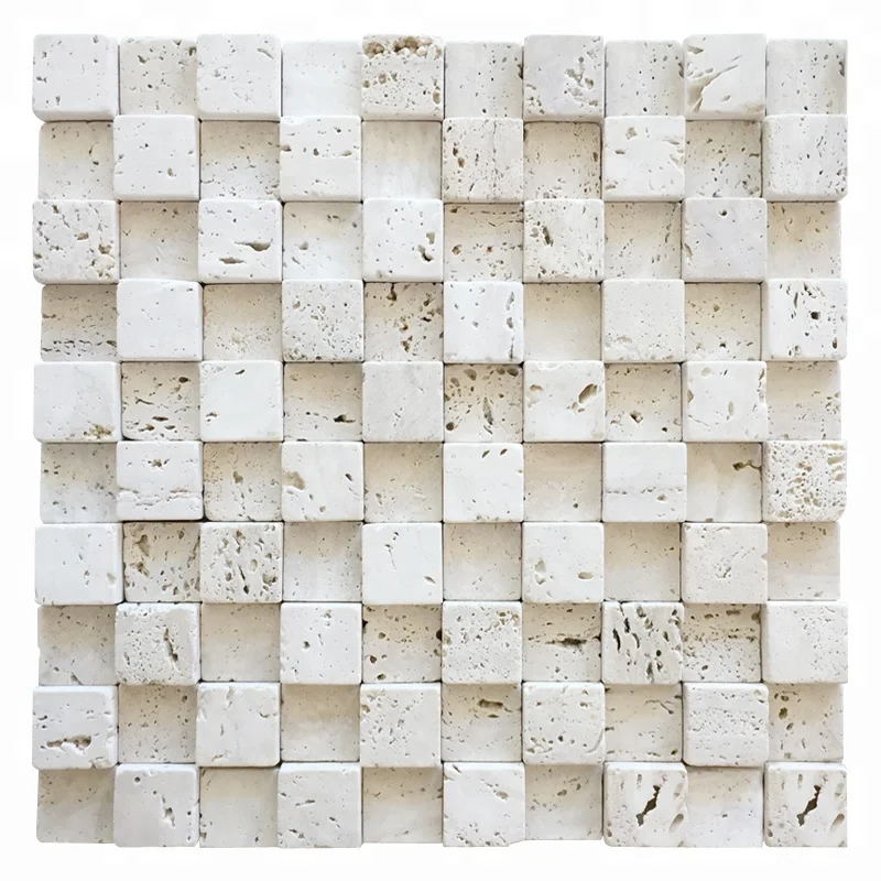 Gạch lát mosaic đá travertine kiểu Rubik 3D cho quầy bar sẽ mang đến cho bạn cảm hứng thiết kế quán bar đẳng cấp. Sản phẩm sử dụng chất liệu đá thiên nhiên giúp tạo ra vẻ đẹp hoang dã và đầy mạnh mẽ. 