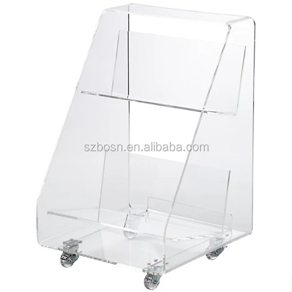 Clear Portable Lucite Acrylic Book Cart Display Rack with Rolling Wheel