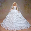 White Wedding Dress Veil Bouquet set Multi layers Lace Big Bride Gown Clothing Outfit Clothes For