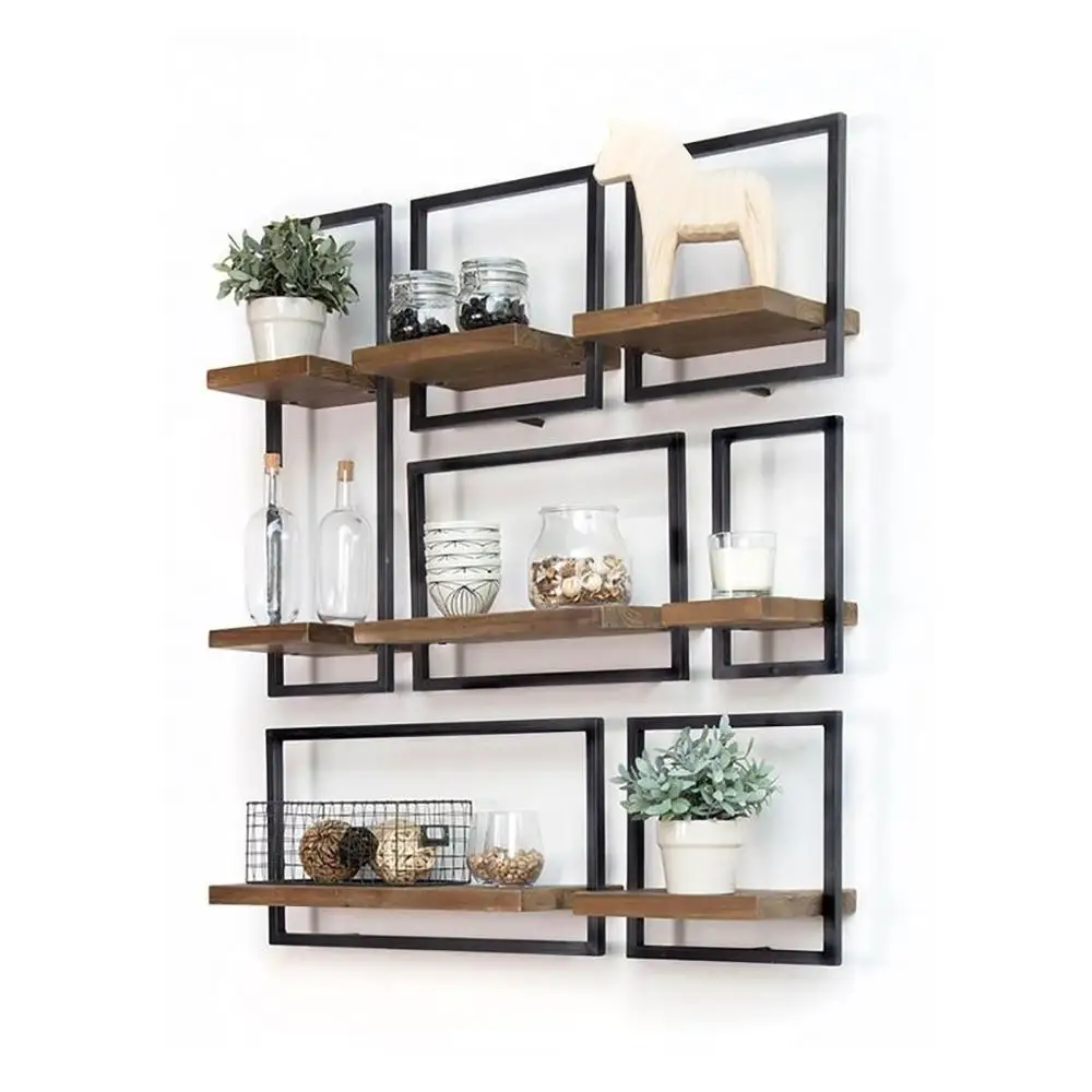 Hot Sale Modern Shelf Unit Floating DIY Wall Mounted Shelf Customized Metal and Wood Display Shelf