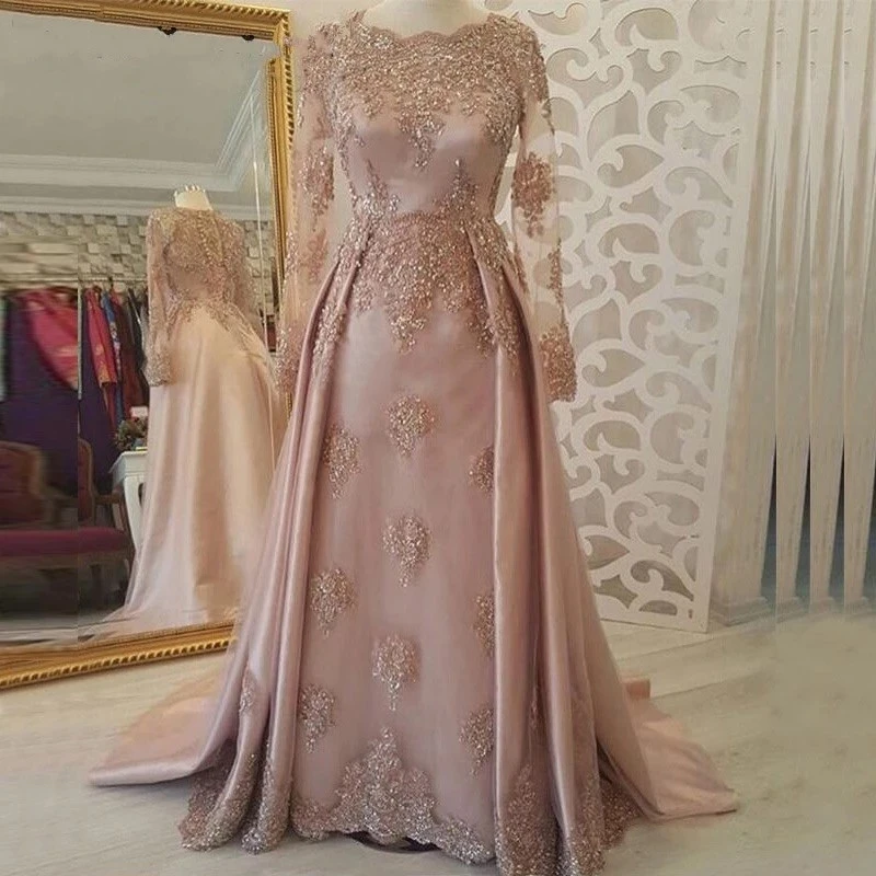 Beaded Gold Lace Long Sleeve Muslim Evening Dresses Pink Formal Prom Party Gown 