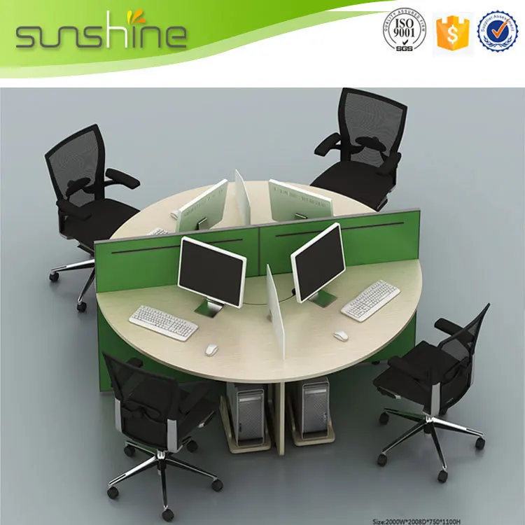 round workstation office desk green partition for 4 persons partner desk MFC board aluminium frame