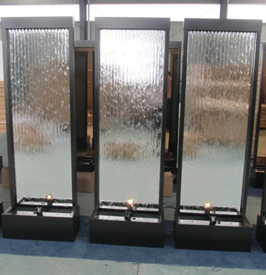 Silver Mirror Glass Waterfall Fountain Mirror Water Feature Waterfall Wall Glass Panel Waterfall Fountain for Home