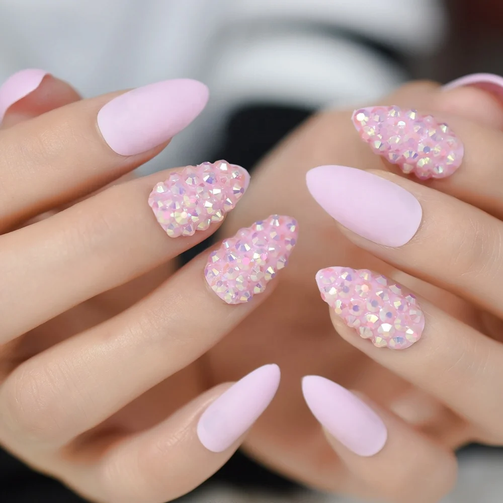 light pink rhinestones nails handmade salon