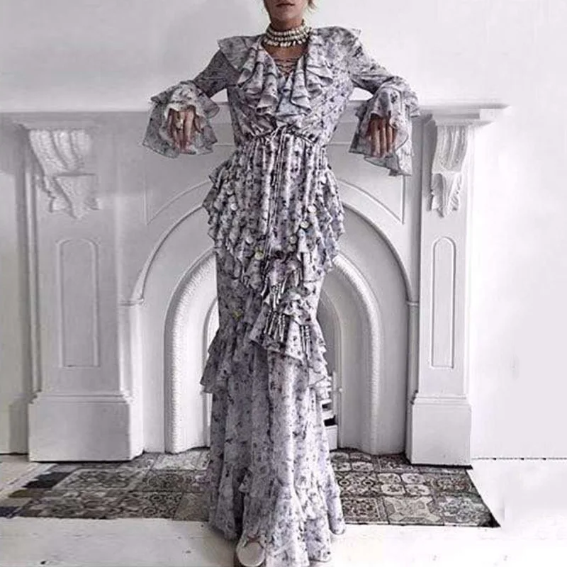 Fashion women's Chiffon fairy dress with sequin V-neck Lotus Leaf Edge Sleeve Long Dresses9996652130