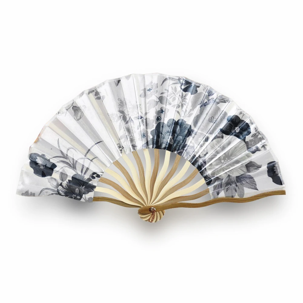 Цветочный принт изогнутая ручка из бамбука складной веер синий розовый