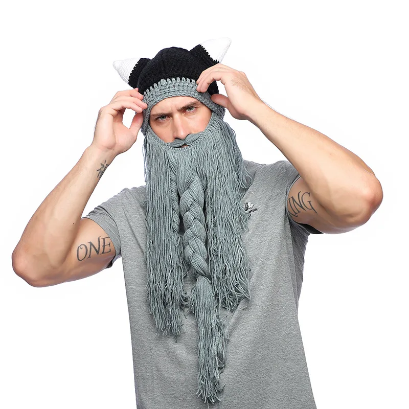 Viking Hat with Removable Beard Knitted Novelty Hat