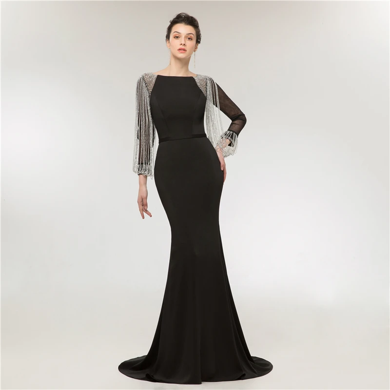 chinese dress ladies Chic Long Black Mermaid Prom Dresses|Sleeveless Fur Evening Gowns   luladress