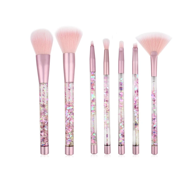 2024 New Style Girl Factory Direct Professional Crystal Beauty 7pcs Pink Glitter Synthetic Quicksand Makeup Cosmetics Brush Set