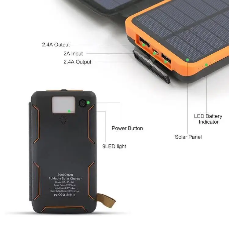Outdoor Powerbank with 3 Fold Solar Panel 10000mah 20000mah 30000mah Phone Laptop Charger Waterproof Portable Solar Power Bank