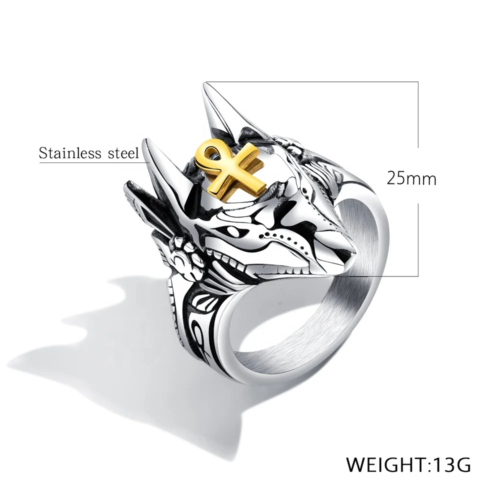 Anubis Cross Wolf Head Men Design Stainless Steel Custom Ring