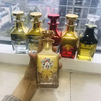 150ml Gold Silver Painted Glass Decanter for Attar Perfume Oil Display Clear Glass Bottle with Pump Seal for Cosmetic Use