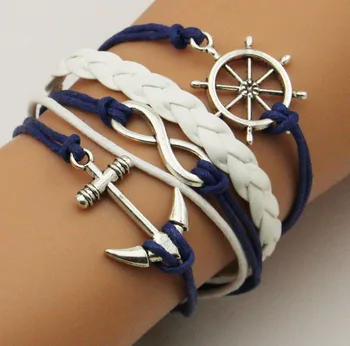 DIY Hand Woven  Ancient Silver Boat Anchor Ship Rudder Infinite Leather Sheath Bracelet