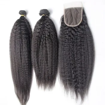Best Selling Mongolian Yaki Hair Kinky Straight Hair, Cuticle Aligned Virgin Brazilian Human Bundles With 4X4 Lace Closure