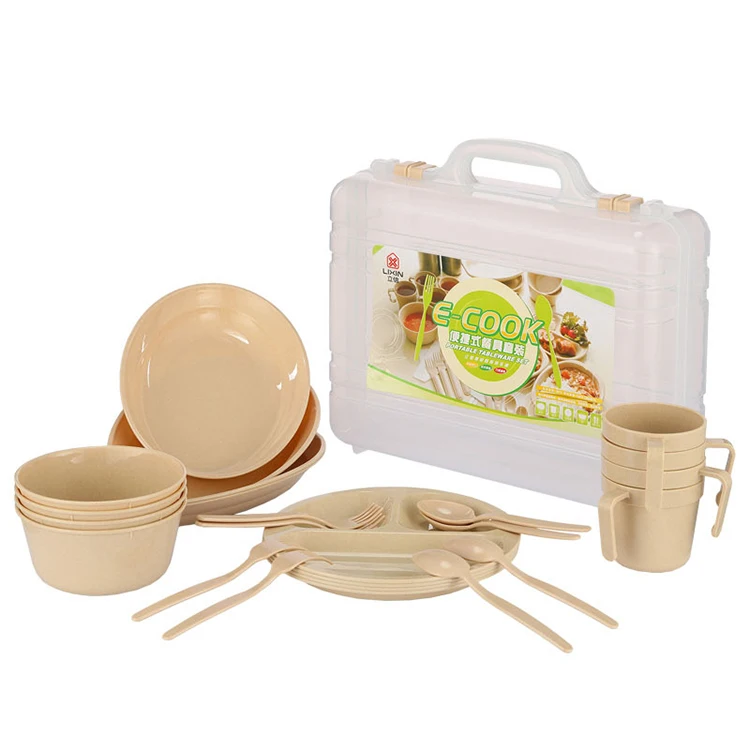 24 Pcs Eco Friendly Unbreakable Camping Picnic Dinner Set Wheat Straw Bowl  Plate Cups Cutlery Dinnerware Sets