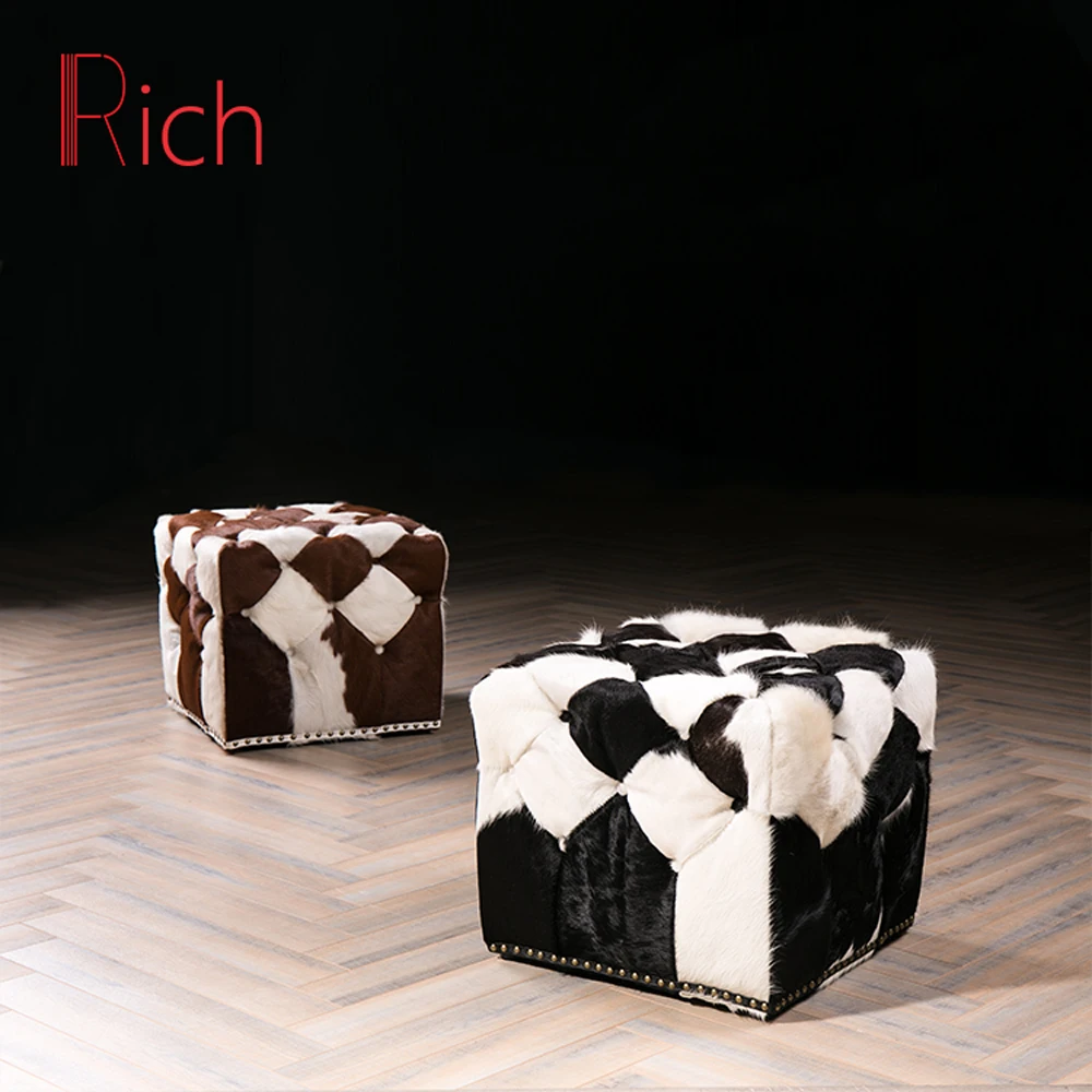 Cowhide Fur square Stool Cube Ottoman Cowhide Leather Stool Black and White Padded Fabric Overstuffed Footstool Ottoman