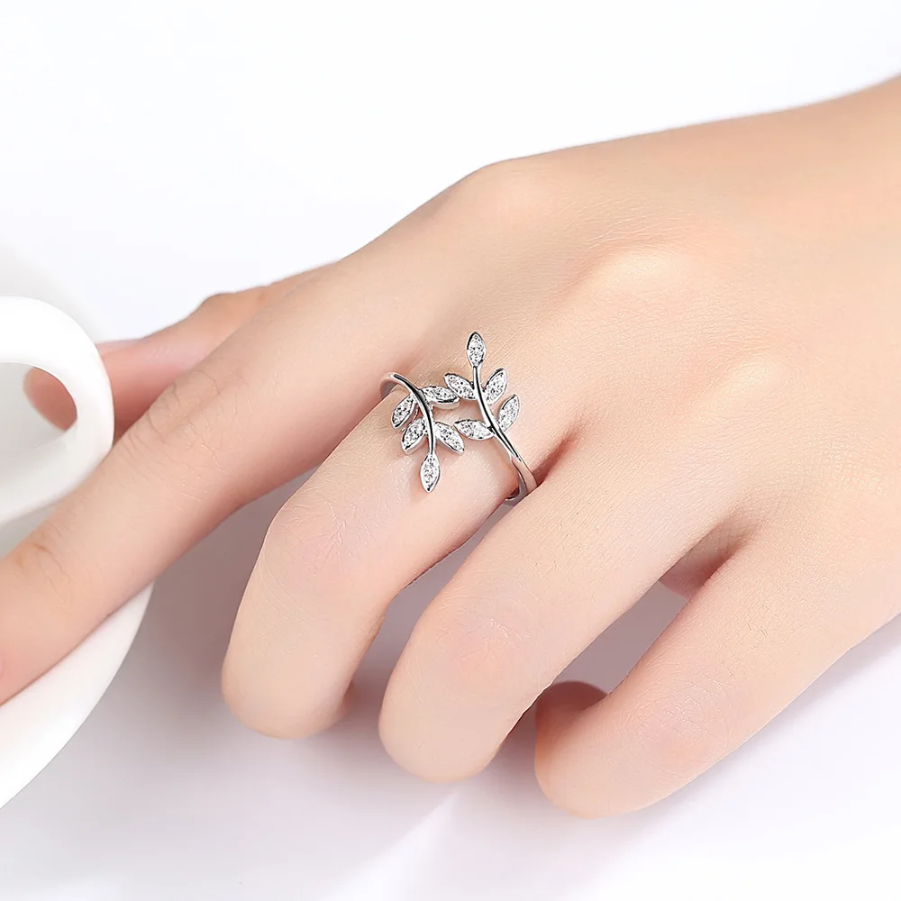 New Design Leaves Diamond Adjustable Ring Cubic Zircon CZ Micro Paved Olive  Branch Opening Ring for Women