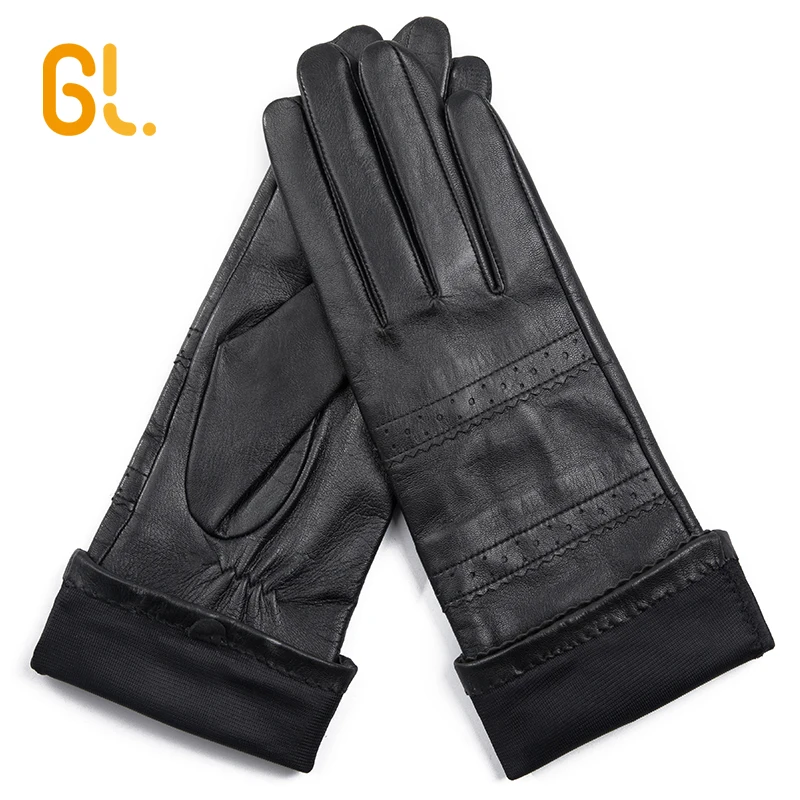 Ladies Soft Long Black Ethiopia Sheep Leather Gloves for Winter
