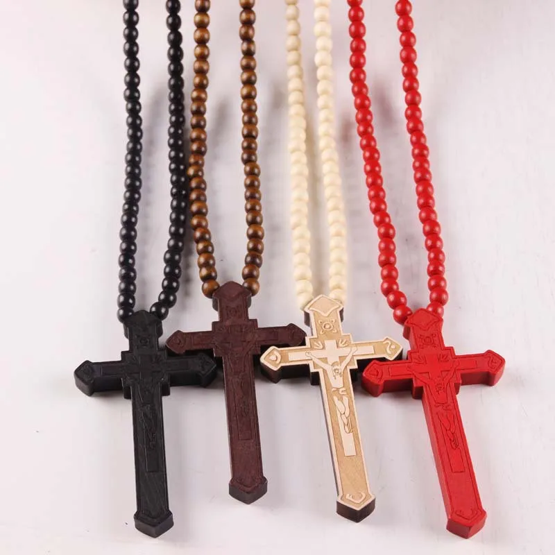 SWAOOS Boy Large Wood Catholic Jesus Cross with Wooden Bead Carved Rosary Pendant Long Collier Statement Necklace Men Jewelry 