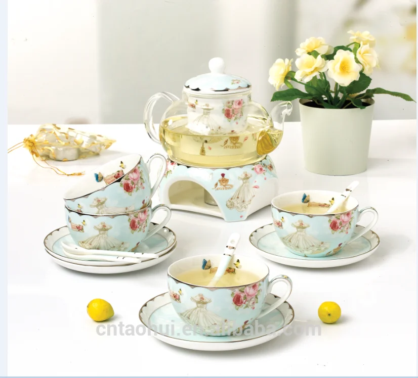 good selling fashion sweet tea set cup and saucers with flower design teapot with warmer