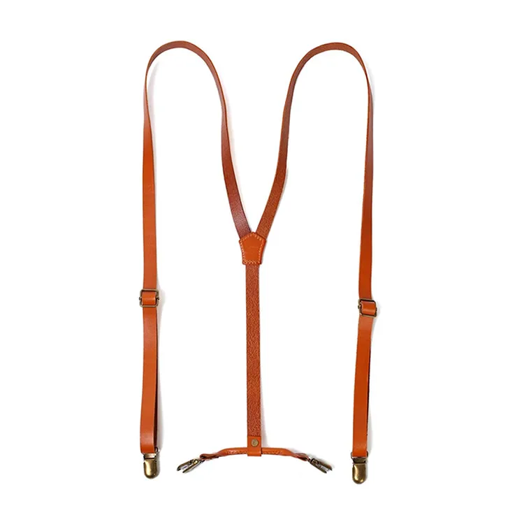 Wholesale Elastic Stretch Y-back Top Grain Genuine Skinny Brown Leather Suspenders for Men