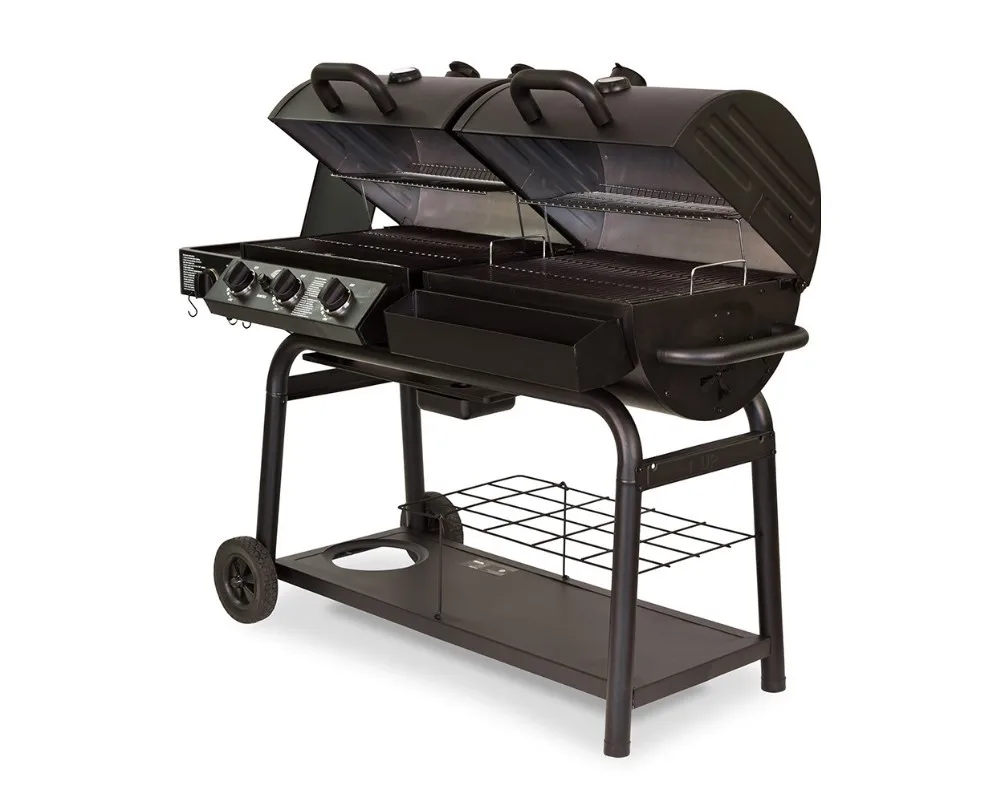 Bbq Barbecue Gas Charcoal Combo Grills Smoker Commercial Cast Iron Heavy Duty Outdoor Trolley