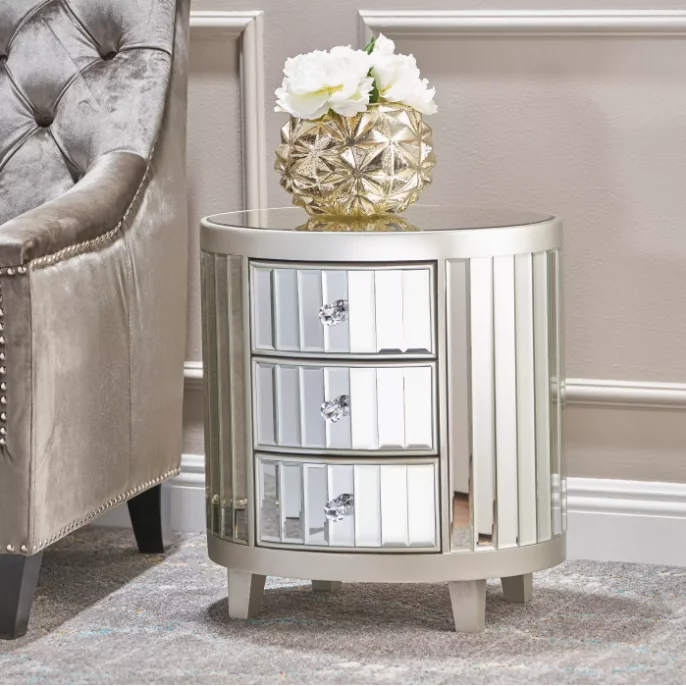 mirrored round bedside table