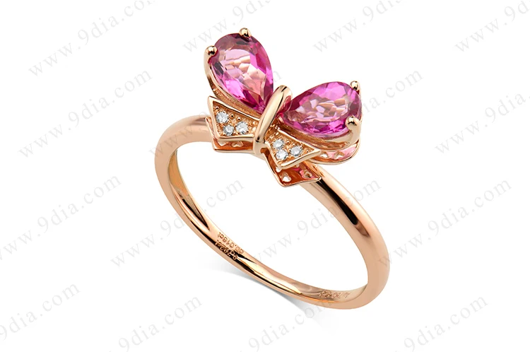 Best Selling AAA Quality Butterfly Tourmaline Pear Cut Diamond 14K Yellow Gold Gemstone Ring for Wedding & Anniversary