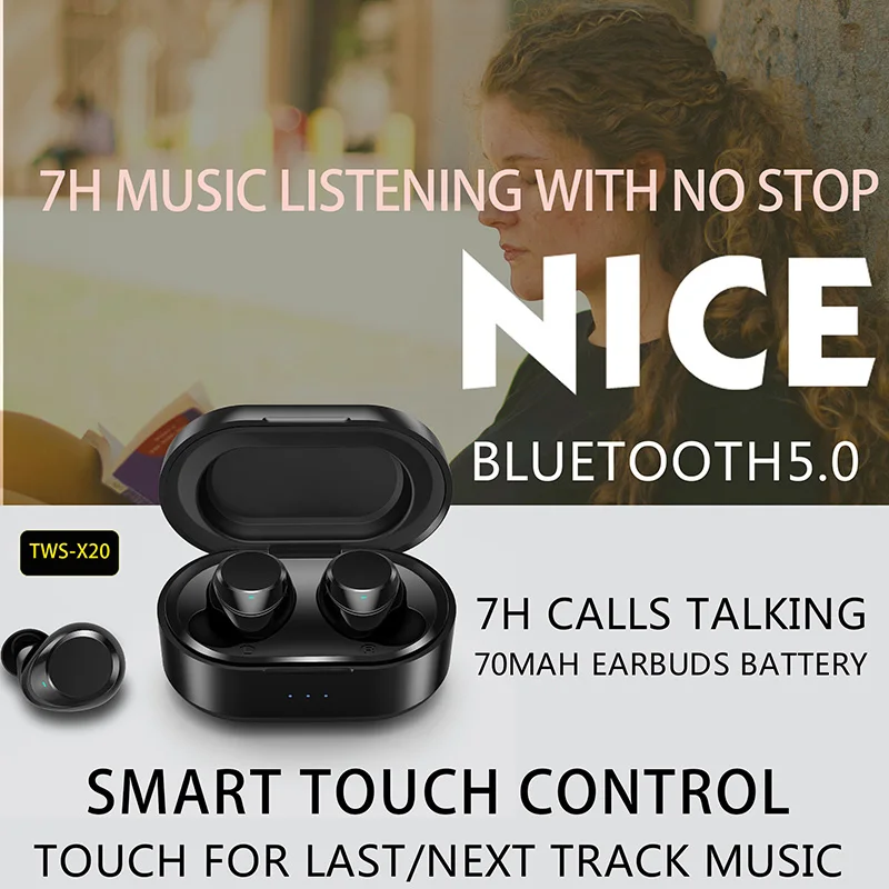 TWS-X20 Earbud True Wireless, Kontrol Sentuh TWS Bluetooth Earphone  Musik Stereo Jam Terakhir